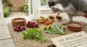 A close-up of safe wild-foraged treats for parrots on a woven seagrass mat, including fresh hawthorn berries, chickweed, and dandelion leaves.