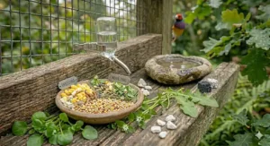 A divided feeding dish with specific labels for breeding and moulting seasons, showing adapted diet requirements for Gouldian finches.