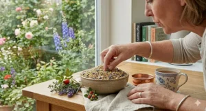 Softened bird pellets being prepared in a small dish using warm water to help a stubborn bird transition from seeds.