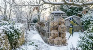 A heavy-duty, cage-within-a-cage squirrel-proof feeder in a frosted garden, where a grey squirrel is blocked while a Blue Tit and Great Tit feed safely on protected fat balls.