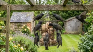 A flock of iridescent Starlings clinging to a rustic wire feeder filled with fat balls, hung from a wooden beam in a traditional British suburban back garden.