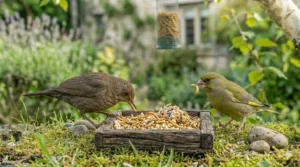 A large, clear airtight storage tub filled with dried mealworms, illustrating how to keep bird food fresh and pest-free.