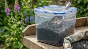 Niger seeds being poured from a bulk bag into an airtight storage container to keep the bird food fresh and dry.