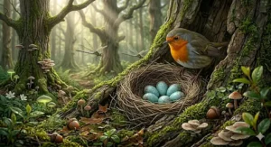 Alt text for image 9: A wide-angle, detailed woodland scene featuring a Robin and local wildlife, emphasising the ecological harmony of using sustainable, high-quality bird food in the UK.