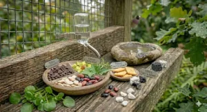 A warning display of dangerous items for Gouldian finches, including chocolate, avocado, and salty biscuits, labelled as toxic.