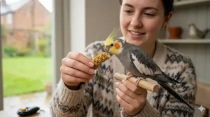 A pet owner using a small piece of millet spray to hand-train a grey and yellow cockatiel in a British home setting.