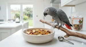 A flat-lay of apples, oranges, and bananas alongside the finished fruit flavoured pellets for birds to demonstrate the real food ingredients.