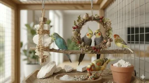 A group illustration featuring a budgie, canary, and lovebird, all common UK pets that benefit from cuttlebone.