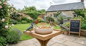 A wooden bird table in a British garden featuring various garden birds like robins and blue tits eating fruit flavoured pellets for birds.