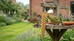 A house sparrow and a greenfinch sharing a millet spray treat on a wooden bird feeder in a typical British garden.