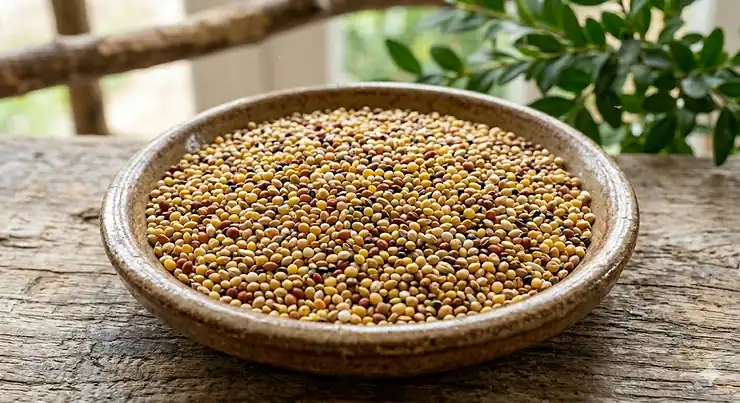 A colourful male zebra finch perched on a wooden feeder eating a premium seed mix. zebra finch food