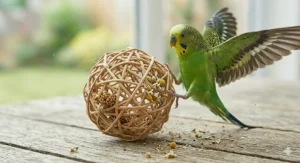 An active budgie interacting with a lightweight rattan ball on a table, showcasing physical exercise.