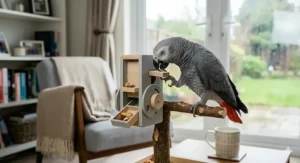 A complex multi-step puzzle toy for large parrots requiring the bird to pull levers to release a reward.