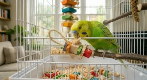 A multi-textured bird toy made from sustainable balsa wood blocks, natural loofah slices, and crinkle paper.