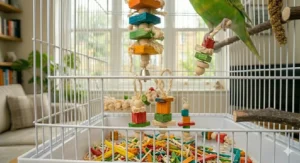 Lightweight balsa wood foot toys designed for larger parrots to hold and chew on the cage floor.