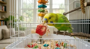 Infographic illustration of a balsa wood foraging bird toy packed with healthy hidden treats and seed mixes.
