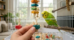 Size comparison guide illustrating small balsa wood toys perfectly sized for UK pet birds like budgies and cockatiels.
