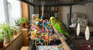 An educational diagram outlining the mental and physical benefits of paper shredding toys for pet budgies.
