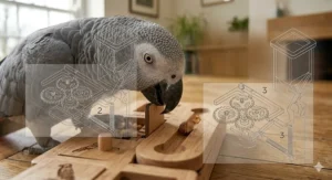 A cockatiel learning to sort coloured rings on a wooden peg, a popular bird puzzle toy for building intelligence and motor skills.