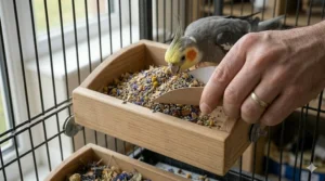 Detail shot showing the smooth edges and zinc-free hardware of the wooden foraging box for birds.