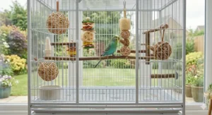A spacious, well-organised bird cage with various foraging balls and natural perches near a garden window.