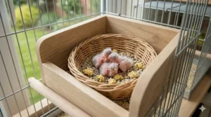 A clutch of budgie chicks in a wooden nest box being reared on a high-protein egg food diet.