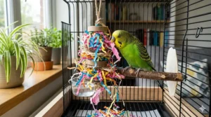 Close-up of a budgie pulling a colourful strip of crinkle paper from a handmade shredding toy.