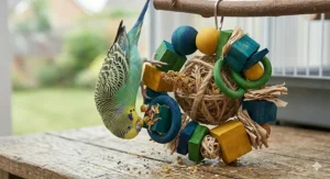A green budgerigar engaging with a colourful, multi-textured foraging toy hanging from a wooden perch.