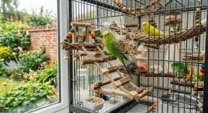 Illustration highlighting the physical benefits of a rope ladder for budgies, demonstrating how varying textures aid foot muscle exercise and prevent bumblefoot.