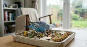 A small budgerigar searching through a desktop foraging tray filled with pebbles, dried herbs, and millet sprigs.