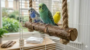 A colourful illustration of a blue budgie and a yellow canary sitting together on a wide, natural wood branch swing.