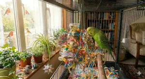 A cheerful blue budgie standing next to a pile of colourful shredded paper confetti on its cage floor.