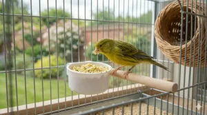 A yellow canary hen feeding on egg food in a plastic cage cup during the nesting period.