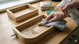 A person using a damp cloth to easily wipe down the base of the wooden foraging box.