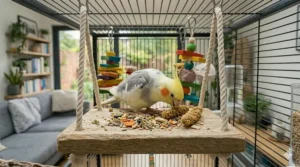 A pet cockatiel picking at healthy seed treats and millet sprays sprinkled across the flat surface of a hanging platform swing.