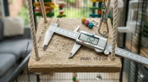 A diagram illustrating the ideal width and length of a flat platform swing suitable for a cockatiel's tail feathers and foot span.