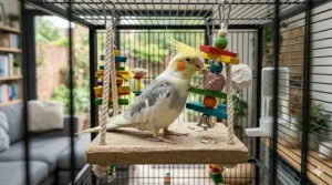 A cheerful cockatiel chewing on colourful wooden beads attached to the side ropes of a swinging flat platform toy.