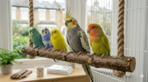 An illustration of a cockatiel gently rocking on a hanging natural wood swing inside a spacious indoor aviary.