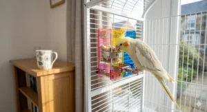 A colourful paper shredding toy for cockatiels designed to hide sunflower seeds and encourage natural foraging.