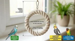 A photorealistic product size guide infographic for the cotton rope bird swing, displaying metric measurements alongside illustrations of a budgie, cockatiel, and lovebird.
