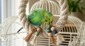 A vibrant green and yellow budgie sitting on a cotton rope swing, curiously nibbling at attached colourful wooden chew beads and natural leather tassels.
