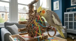 A Cockatiel pulling colourful crinkle paper out of a woven vine ball, illustrating soft chew toys for parrots.