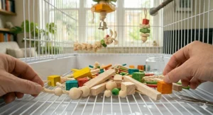A selection of raw, undyed balsa wood blocks and slats for bird owners to make their own DIY bird toys at home.