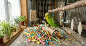 A pet budgie unraveling a cardboard roll filled with paper shreds and hidden millet for enrichment.
