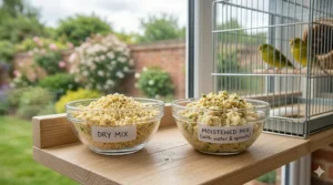 A side-by-side comparison of dry crumbly egg food and moistened egg food for bird rearing.