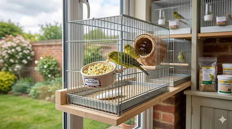 A ceramic bowl of moist yellow egg food with added niger seeds, ready for feeding British finches and canaries during the breeding season. egg food for breeding birds