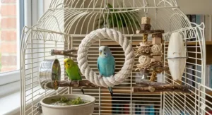 Two budgies inside a fully equipped birdcage, featuring the central cotton rope swing alongside natural wooden perches, a cuttlefish bone, and a seed hopper.