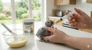 A young parrot chick being carefully fed warm formula using a feeding syringe, illustrating the correct angle for a safe feeding response.