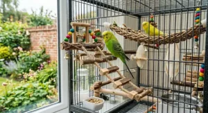 Diagram showing two ways to hang a rope ladder for budgies: suspended vertically as a climbing wall or stretched horizontally as a suspension bridge.