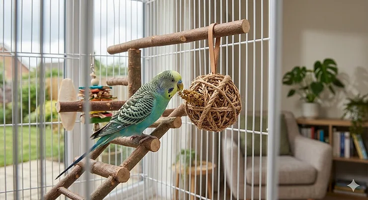 A bright blue budgie playing with a wicker foraging ball filled with leafy greens in a sunlit British home. foraging balls for budgies